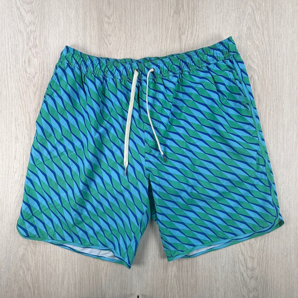 Swim Trunks Fair Harbor Mens XXL Green Blue Geometric Wavy Print Board Shorts